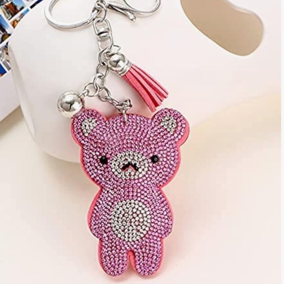 Blinged teddy bear in pink rhinestones purse charm or bag charm approx 6.5 in - Picture 1 of 3